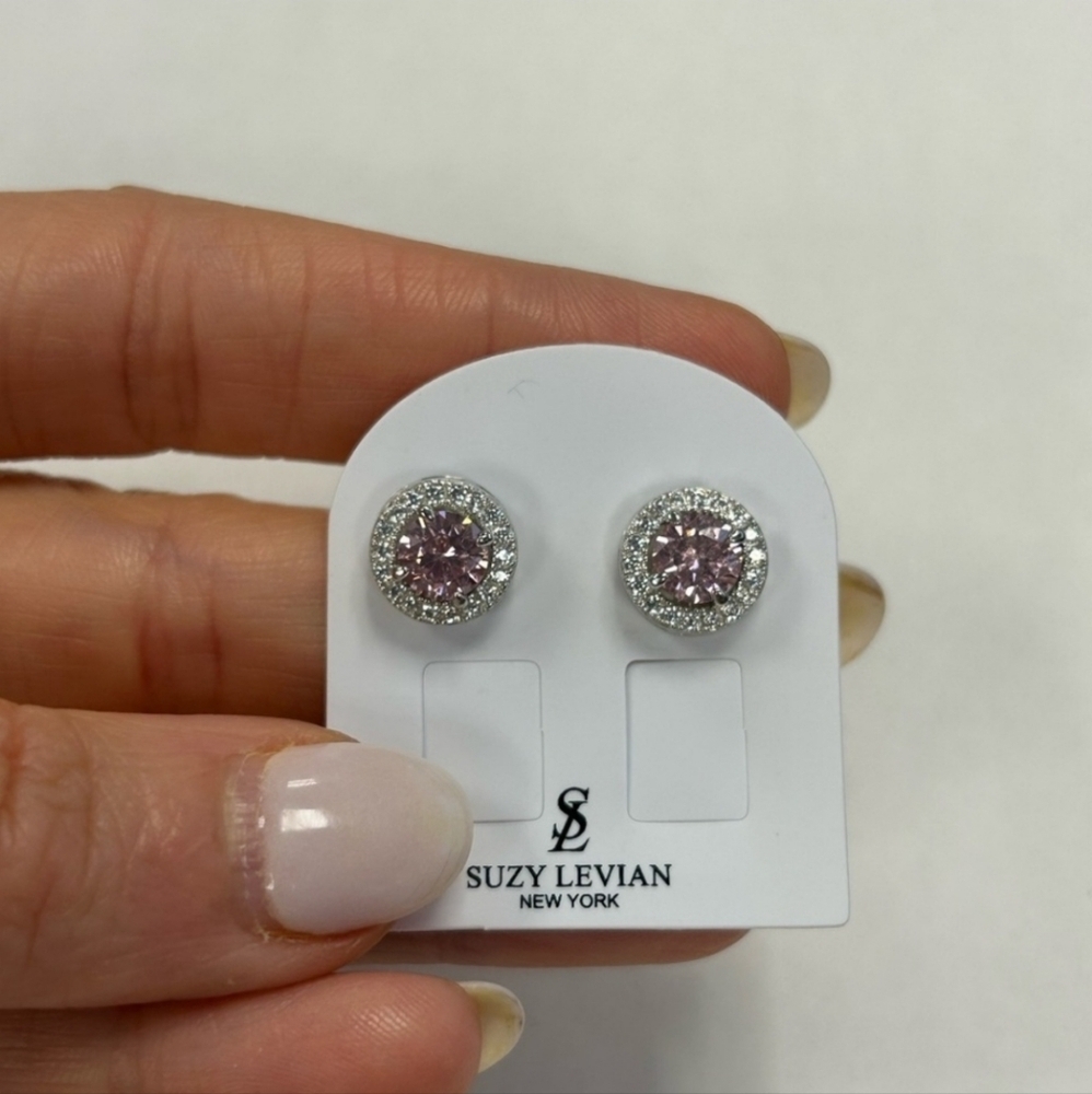 Suzy Levian Sterling Silver Pink +White Cubic Zirconia Stud Earrings